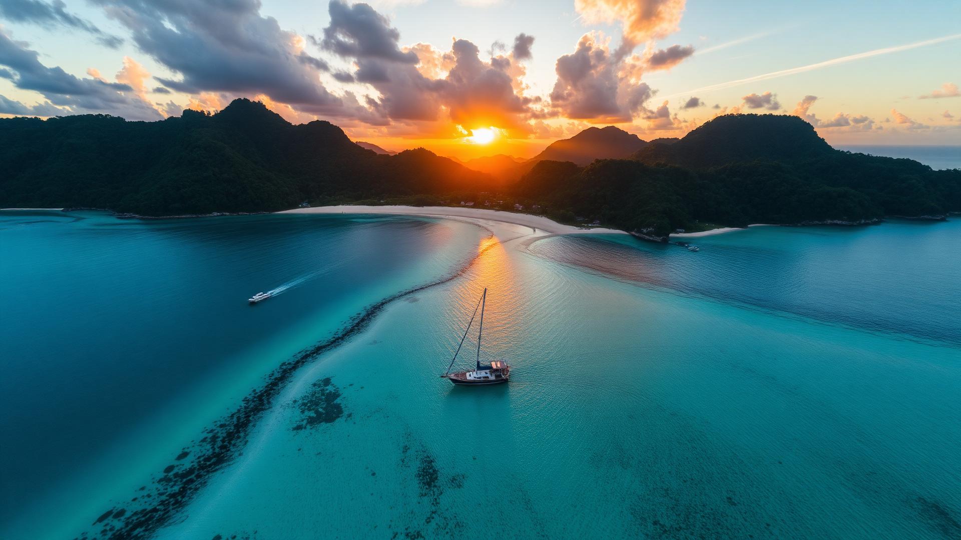Pôr do sol no litoral norte de SP com veleiro em águas turquesa