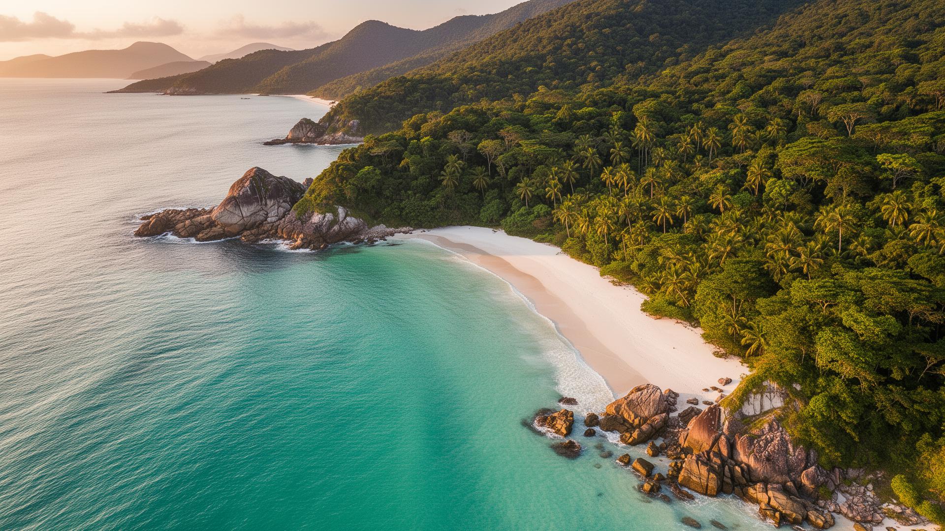 Praia paradisíaca do litoral norte de São Paulo ao entardecer